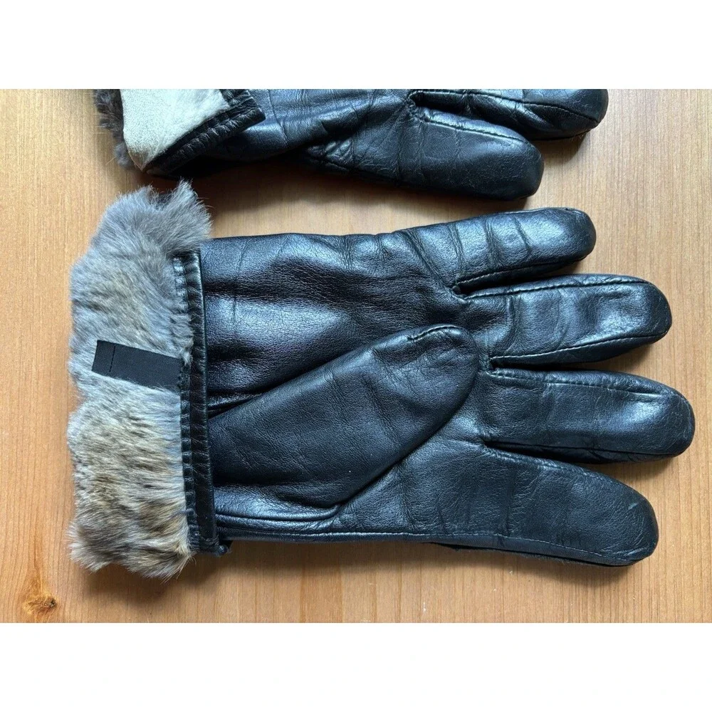 Leather Gloves Black Rabbit Fur Lined Women Large *Read
